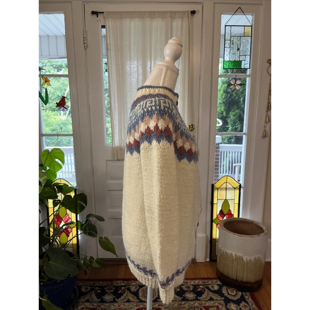 Women's M Ivory Hand Knit Fair Isle Scandinavian Cardigan Sweater Acrylic Wool - Picture 13 of 14